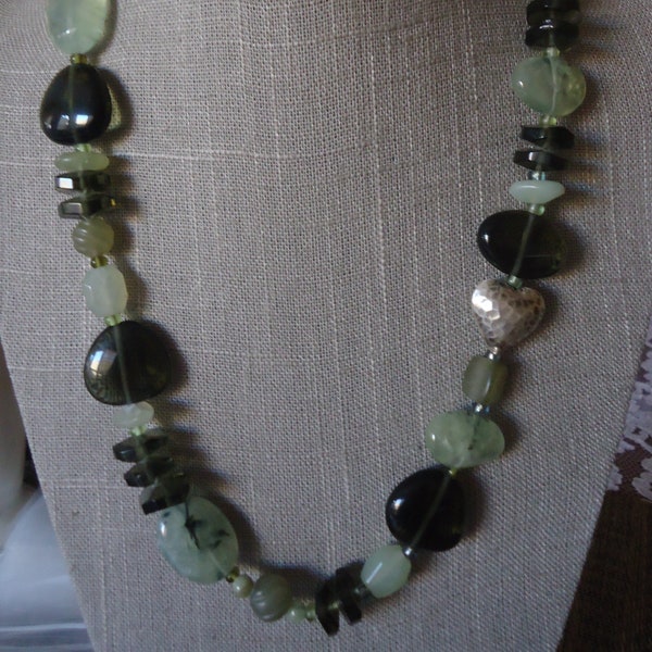 Peyote Bird Designs Prehinite, Green Quartz, Serpentine and Sterling Necklace,