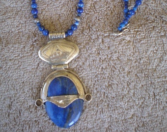 Unisex Lapis and Sterling Beaded Necklace with Pendant, 18" Length