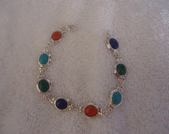 22 Grams Unisex Coleman 8 Sterling Silver Mixed Stone Oval Link Bracelet
