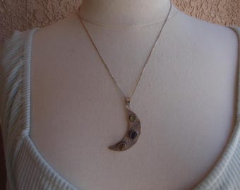 Sterling Multi Stone Moon Pendant on 19 1/2" Chain