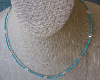 Turquoise Colored Glass and AB Crystal Choker w/ Sterling Clasp and Chain