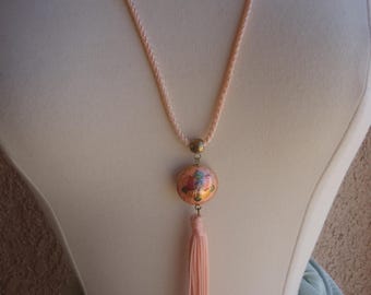 Vintage Pink Floral Cloisonne Pendant with Tassel on 28" Pink Silk Cord