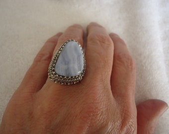 Sterling Blue Lace Agate Ring, Size 7 3/4, 14 Grams