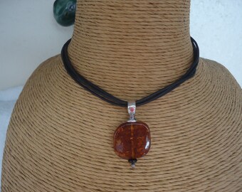 Silpada Amber and Sterling Pendant Necklace, 4 Strand Leather Cord, N1285