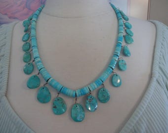 Kingman Turquoise Necklace with Turquoise Drops and Sterling Beads