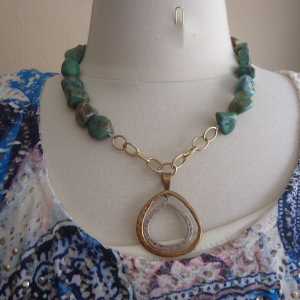 Turquoise Necklace With Mixed Metal Pendant By Peyote Bird Designs, 19 1/2"