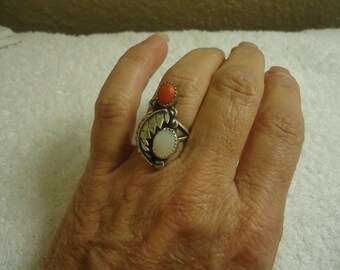 Native American Ring, Sterling, Mother of Pearl and Coral, Size 7 3/4, 7.2 Grams