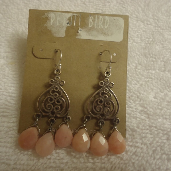 Peyote Bird Designs Sterling Silver Chandelier Earrings w/ Pink Opal Briolette Drops, Pierced Wire, New Old Stock