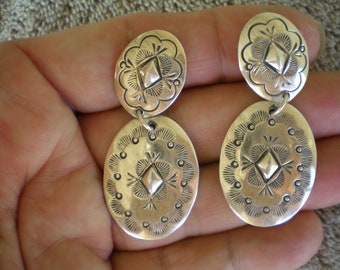 Native American Earrings, Sterling Silver Oval Stamped Dangle , Clip On, Signed BB