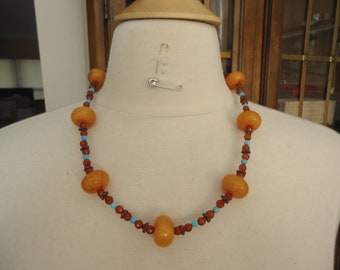 Artisan Multi Gemstone Necklace, Copal Resin, Carnelian, Turquoise and Antiqued Copper, 20 1/2 - 23 1/2" Long