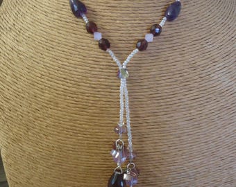 Artisan Beaded Glass Lariat Necklace, Purple and Pink, 17 1/2"