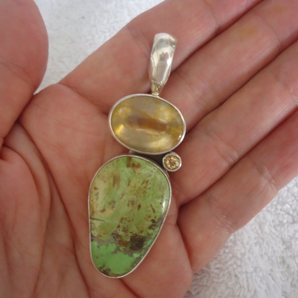 Native American R. Bennett Sterling Silver, Gaspeite and Lemon Quartz Pendant, 26 Grams