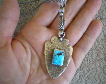 Unisex Arrowhead Pendant, Sterling and Kingman Turquoise, Hammered Design, 20" Sterling Korean Box Chain,  18 Grams