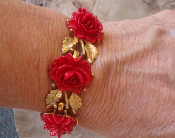 Vintage Gold Tone Red Roses Link Bracelet, 7 1/4"