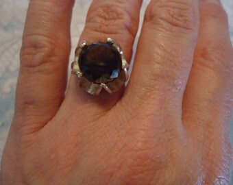 Sterling Silver and Smokey Quartz Solitaire High Profile Ring, Size 7 1/2, 6 Grams