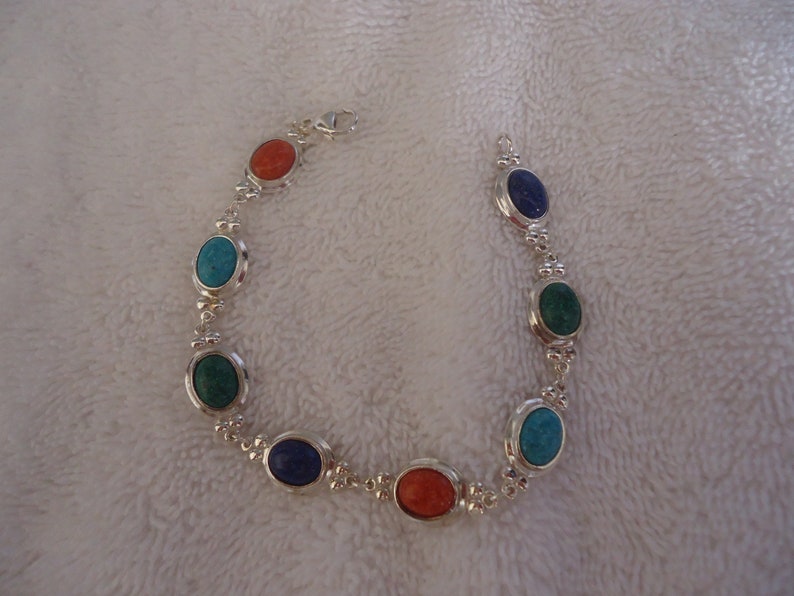 22 Grams Unisex Coleman 8 Sterling Silver Mixed Stone Oval Link Bracelet