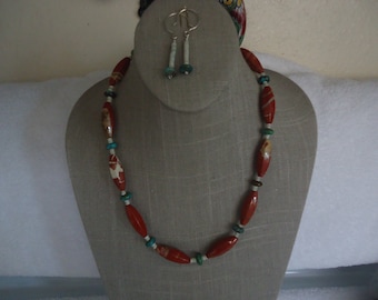 Artisan Red Jasper, Turquoise and Heishi Beaded Necklace and Earring Set, Sterling Silver