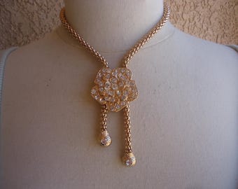 Lariat Floral Rhinestone and Gold Tone Necklace, 16 - 18"