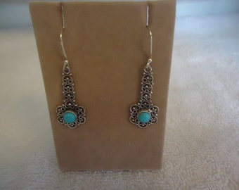 SALE - Sterling Turquoise Filigree Pierced Dangle Earrings, 2&quot; Long, 4 Grams