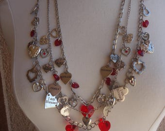 Vintage 3-Strand Silver Tone Love Theme Charm Statement Necklace