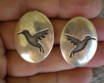 Native American Earrings, Sterling Silver Oval Hummingbird , Clip On, Signed Yazzie
