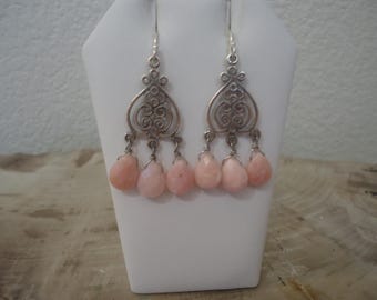 Sterling Silver Chandelier Earrings – Pink Opal Briolette Drops, Peyote Bird Designs