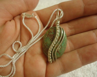 Artisan Sterling Wire Wrapped Turquoise Pendant on 16" Sterling Chain