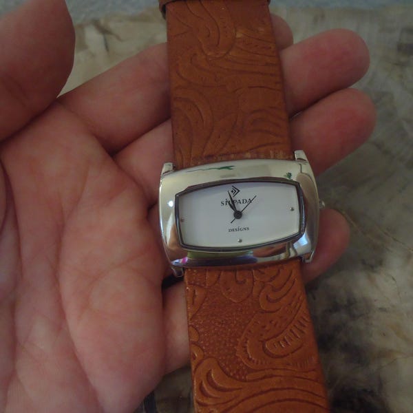 Silpada T1138 Stainless Steel Tooled Leather Wristwatch, New Battery