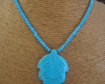 Turquoise and Sterling Beaded Necklace with Carved Leaf Pendant, 17" Long