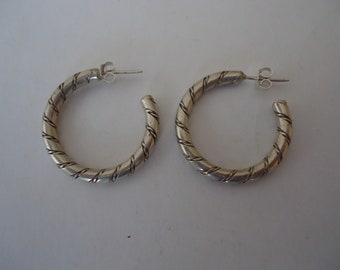 Solid Sterling Silver Spiral Effect Hoop Earrings, Pierced Post, 30mm, 14 Grams