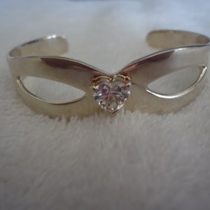 Sterling Silver Heart CZ Cuff Bracelet, Medium to Larger Wrist, 26 Grams
