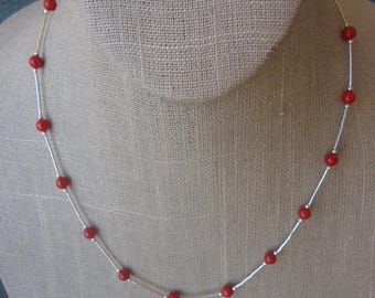 Liquid Silver and Coral Necklace, 18"