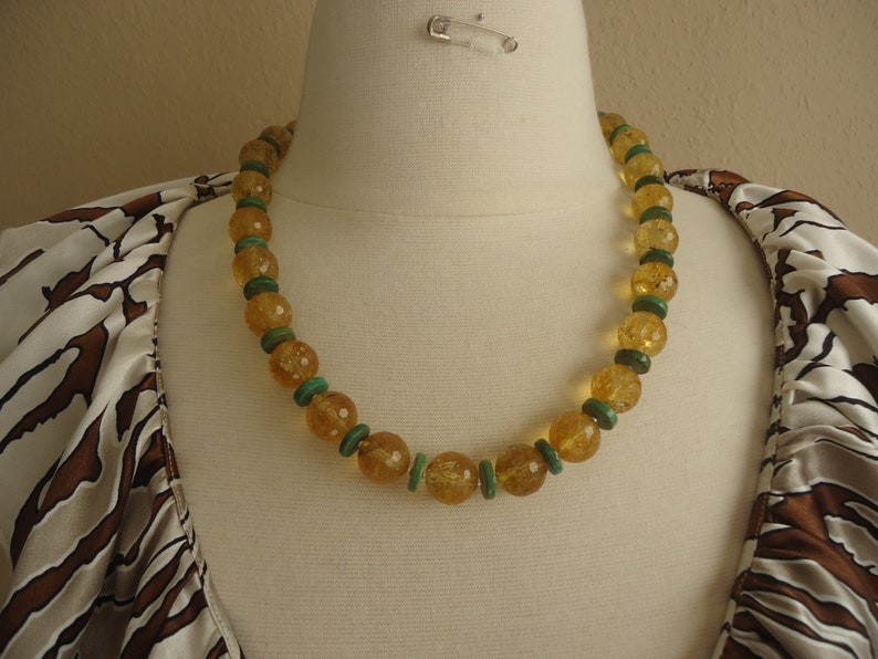 19-20 12 Artisan Made Beaded Chunky 14mm Faceted Citrine and Natural Green Turquoise and Sterling Statement Necklace