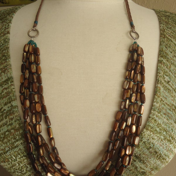 Peyote Bird Designs 5-Strand Brown Mother of Pearl and Sterling Necklace on Leather Cord, 32" Length