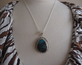 Sterling Silver and Turquoise Scalloped Pendant on 18" Sterling Chain
