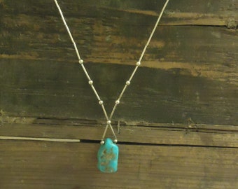 Southwestern Necklace, Liquid Silver Beads, Turquoise Stone Pendant, 20" Long