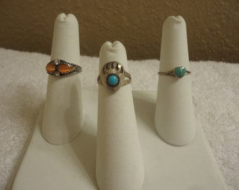 Petite Ring Lot, Sterling and Stone, 3 Pieces, Circa 1960s to 70s