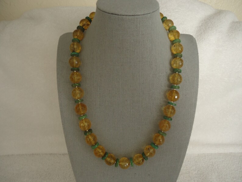 19-20 12 Artisan Made Beaded Chunky 14mm Faceted Citrine and Natural Green Turquoise and Sterling Statement Necklace