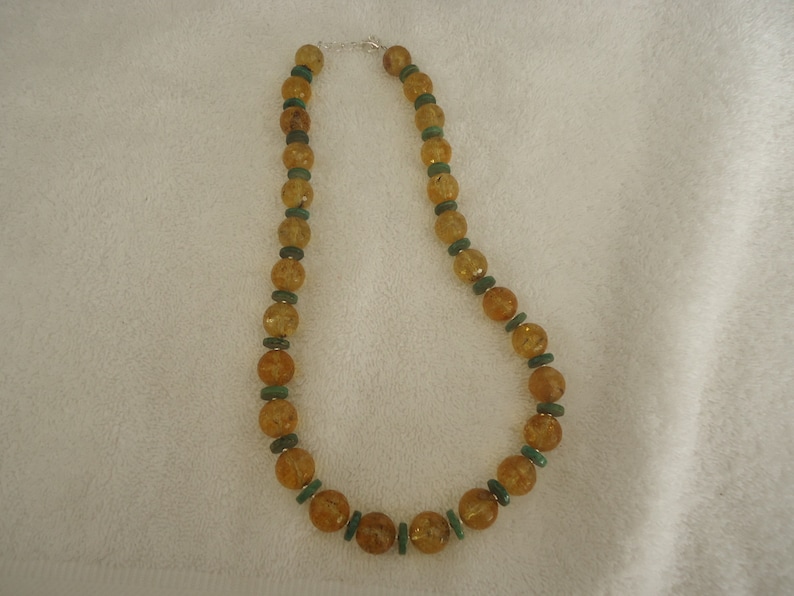 19-20 12 Artisan Made Beaded Chunky 14mm Faceted Citrine and Natural Green Turquoise and Sterling Statement Necklace