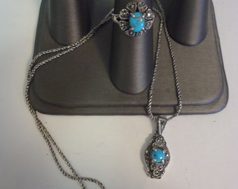 Turquoise and Marcasite Pendant Necklace and Ring Set, Estate, 925 Sterling Silver, 18&quot; Chain and Size 7 1/4 Ring