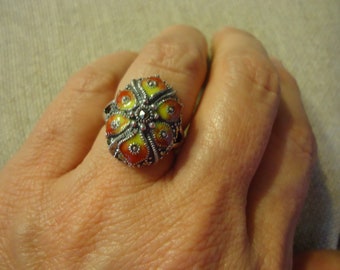 Sterling Silver Enameled Flower with Marcasites Ring, Size 6.75