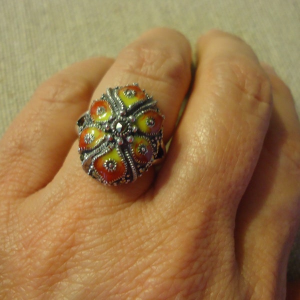 Sterling Silver Enameled Flower with Marcasites Ring, Size 6.75