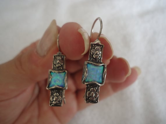 Opal Pierced Earrings, Sterling Silver Dangle Sty… - image 1