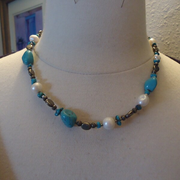 15% Off - Peyote Bird Designs Santa Fe Pearl, Turquoise, Pyrite, and Sterling Beaded Necklace, 17-19" Long