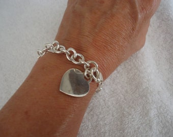 Sterling Silver Large Link Chain Bracelet with Engravable Heart Charm, 7 1/2", 22 Grams