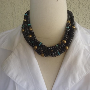 Vintage Boho 4 Strand Onyx, Turquoise and Brass Necklace