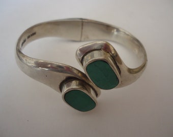 925 Sterling HEAVY Mexico Hinged Malachite Clamper Bangle Bracelet, Wrists Size 7 - 7 1/2", 56 Grams