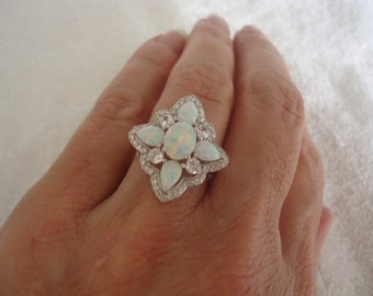 Rhodium Plated Sterling Silver and Created Opal and Clear CZ Ring, Size 6 3/4