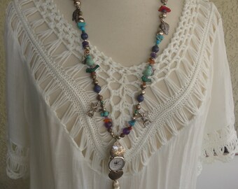 Southwestern Treasure Necklace with Watch, Multi Gemstones w/ Sterling Beads and Charms