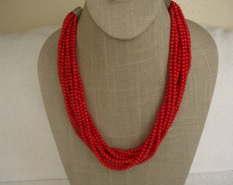 10-Strand Red Coral 4mm Beaded Torsade Necklace with Sterling Cones and Clasp, 19 - 22"